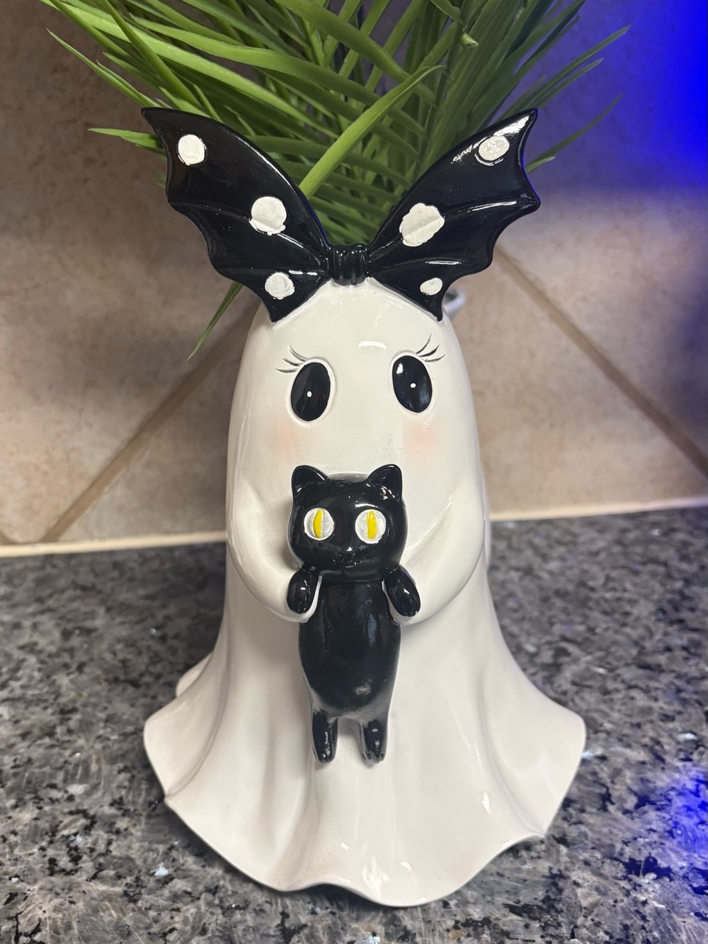 Halloween Ghost Girl with Bat Bow & Black Cat Figurine -
